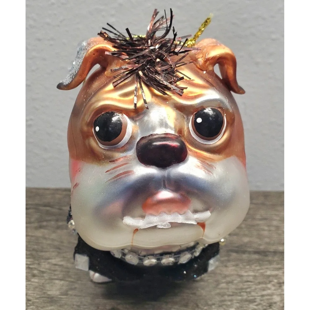 Robert Stanley Hand Blown Glass Bulldog Ornament Leather Crystals Christmas